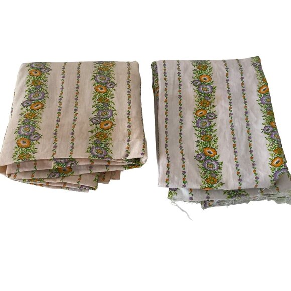 Fabric Purple Orange Floral Stripes White Ivory Quilting Sewing Remnants Art VTG - Picture 2 of 13